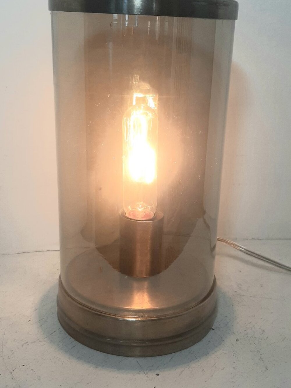 Large Irridescent Glass Burnished Brass Hurricane Chimney Lamp